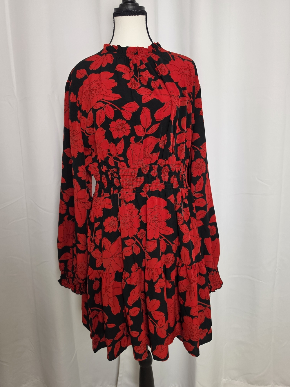 SHEIN Black Dress with Bold Red Floral Print - Long Sleeve